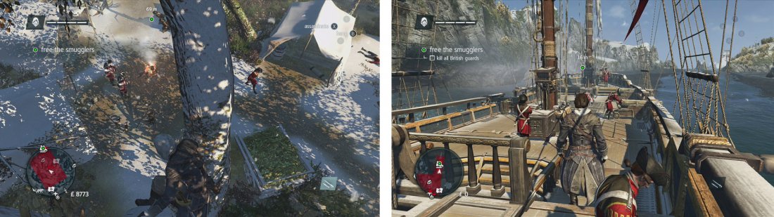 Clear out the guards in the camp (left) and then work your way across the ships deck, killing all the guards (right).
