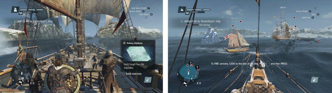 Pilot the ship out to the open sea (left) and then use your weapons to take down the enemy ships (right).