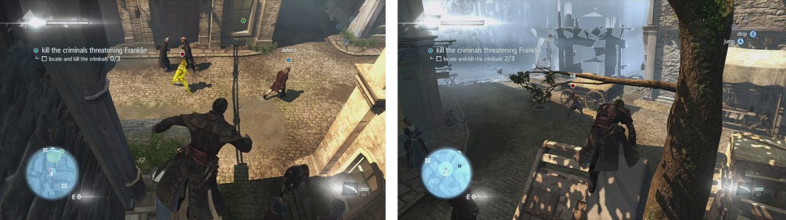As you escort the target, there are opportunities for air assassinations on the first (left) and third (right) assailants.