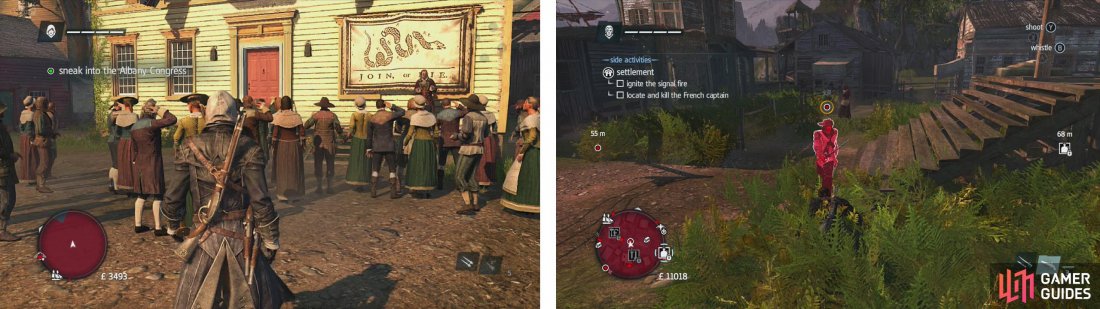 Blend with crowds (left) to hide from guards. Use whistling from hiding areas to kill guards stealthily (right).