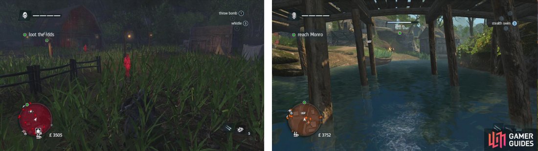 Use stalking zones to move around out of sight (left) and use stealth swim to get by guards undetected (right).