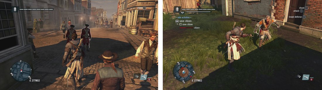 Regulars (left) often patrol around in groups. Agile enemies are quick and use knives (right).