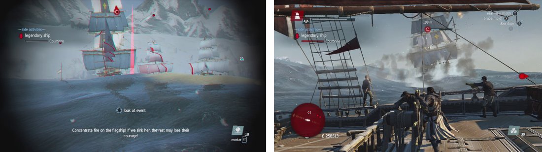 Use mortars to damage multiple ships when the second wave arrives (left). Whilst fighting the Couronne, use mortars (right) and try to be mindful of the wind and icebergs.