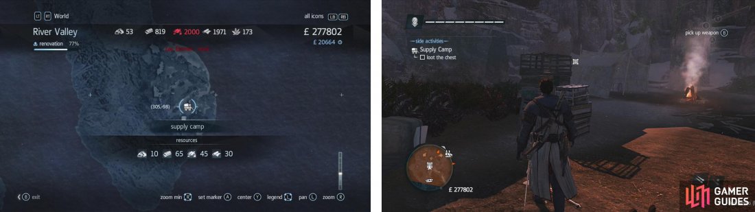 The icon for Supply Camps on the map (left) and an example of the marked crate we need to loot in-game (right).