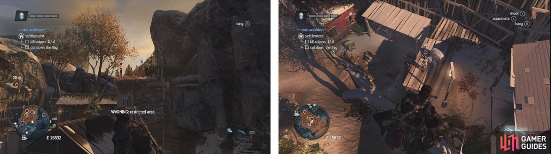 Enter the compund via the northeast corner (left). Take down the second sniper (right) and then drop to the left and cut down the flag below.