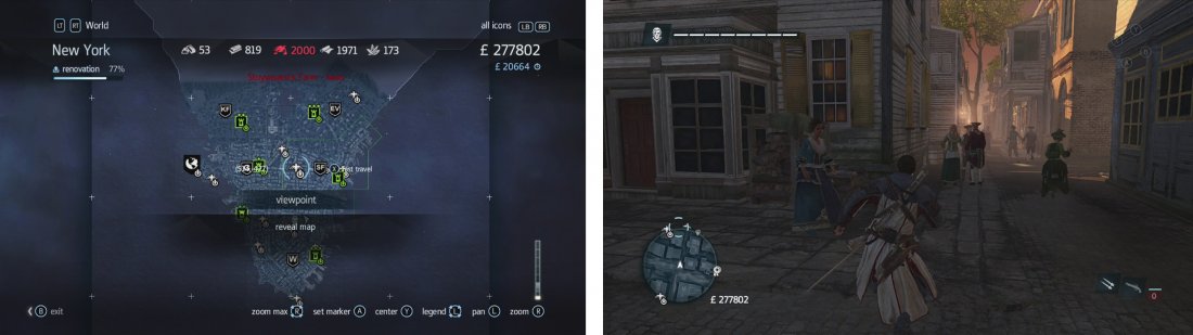 Synchronised viewpoints can be used to fast travel (left). Custom waypoints will appear on the mini-map (right).