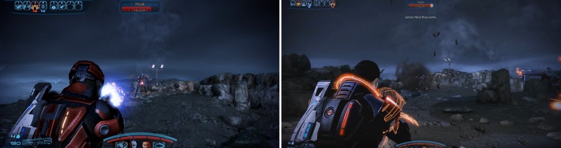 If using an Assault Rifle, keep the bursts short for maximum accuracy (left). At the tower, make sure to send Liara up and keep James back for max firepower (right).