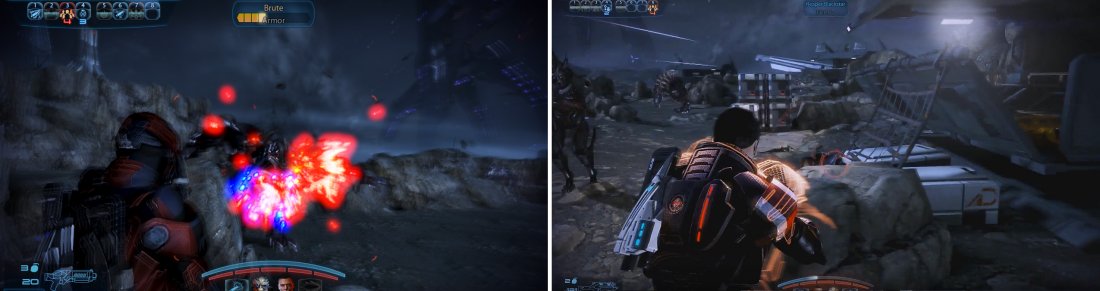 Brutes are quite tanky but can be dropped by armor-piercing abilities (left). You can also collect a Reaper Blackstar and finish them off in one shot (right).