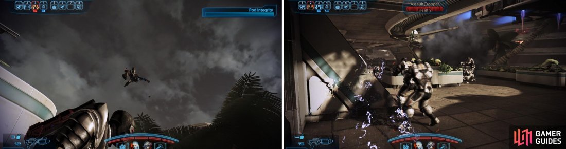 Shooting Cerberus Troops whilst theyre still inside their shuttle can provide some amusing results (left). Infiltrators can use cloak to get behind the enemy and decimate their ranks (right).