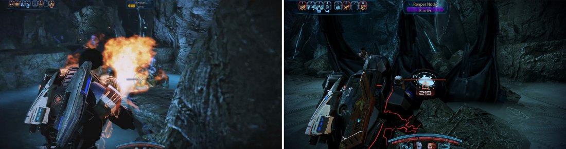 Burn through the Reapers swiftly here (left) using the Firestorm. Destroy the Reaper Node to allow Dagg through (right).