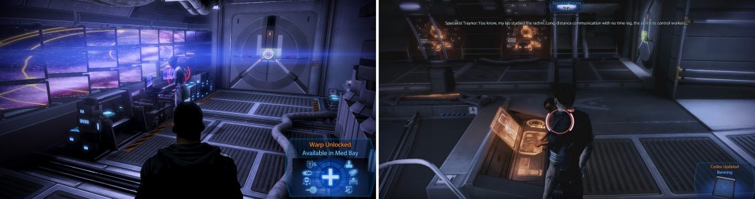 Remember to speak with your crew after every mission to unlock abilities and new dialogue (left). Traynor has another mission for you (right).