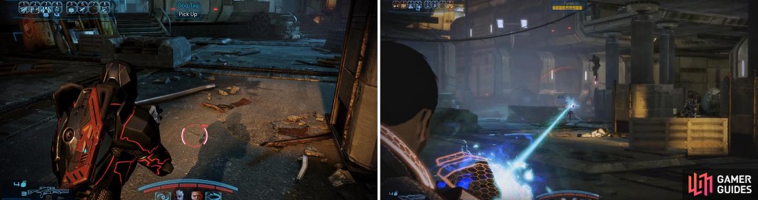 Dog Tags are needed for a Citadel side mission so remember to collect the one found here (left). Look out for troops hiding in buildings and jetting in from the sky (right).