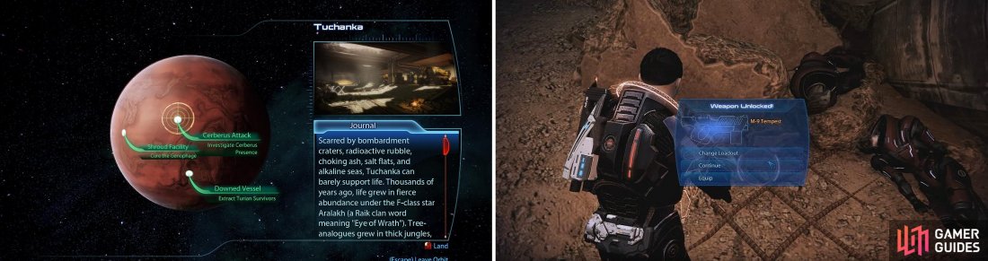 Tuchanka plays host to the most missions on any planet in Mass Effect 3 (left). You can find a couple of new weapons during this mission (right).