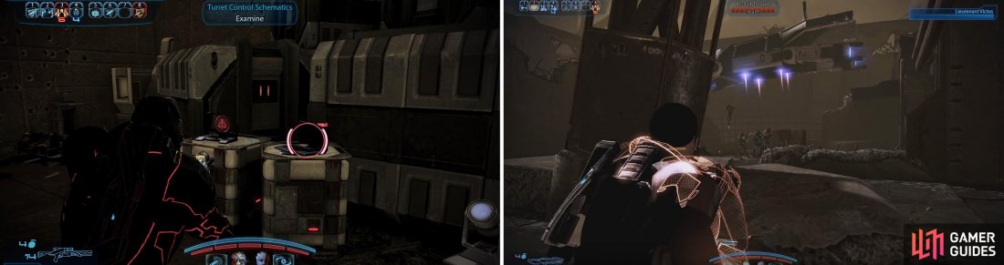 The Turret Control Schematics are for a Citadel side mission which you will unlock later (left). Look for the dropships as you protect Victus and rain down hell (right).
