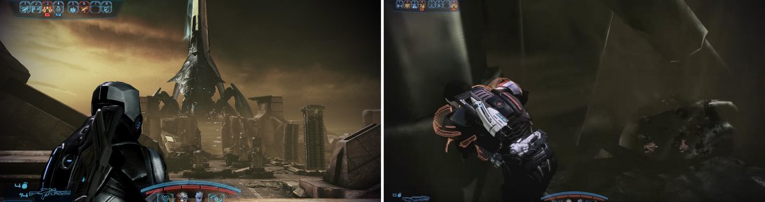 The Reapers stand menacing above the skies of Tuchanka, sending wave upon wave of troops to the Krogan homeworld (left). The Reaper guarding the Hammers can and will step on you (right) for serious damage.