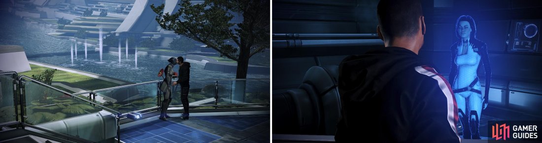 Love is in the air in the Citadel (left). Miranda can be contacted through the Spectre terminal on the Citadel as long as she is alive in your imported save (right).