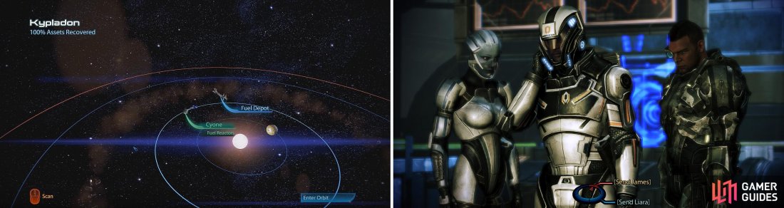 Travel to Kypladon and the planet Cyone (left). Biotic and firepower teams provide a good balance in this mission (right).