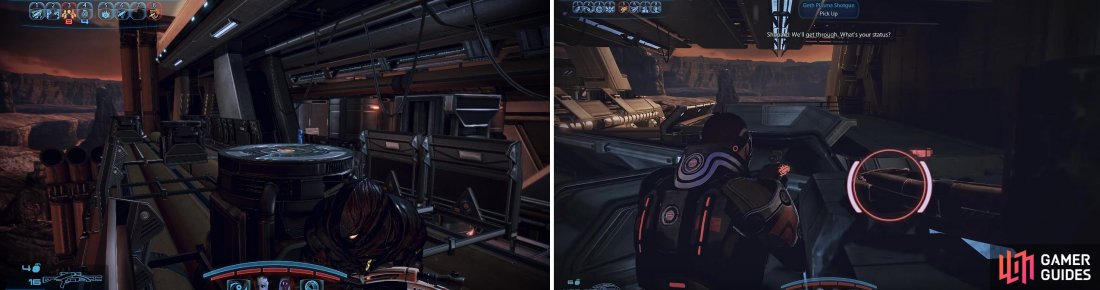 Watch out for the Geth on the lower walkway (left). Collect the Geth Plasma Shotgun (right) on top of this crate.