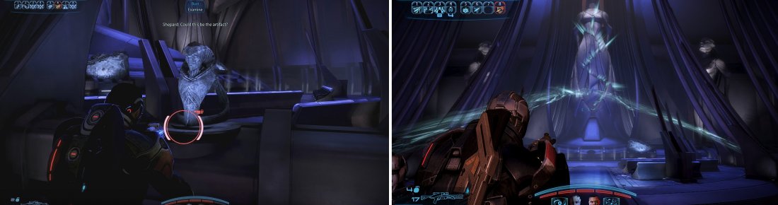 The Prothean bust (left) is one of the connections. Activating the beacon (right) triggers a cutscene and a battle against a persistent adversary.