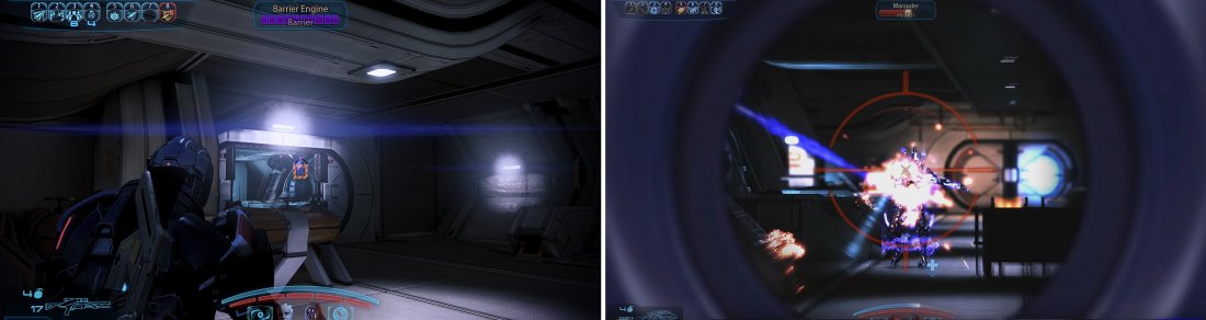 The Reaper barriers (left) should be prioritised and removed as soon as possible or else they will constantly replenish shields (right).