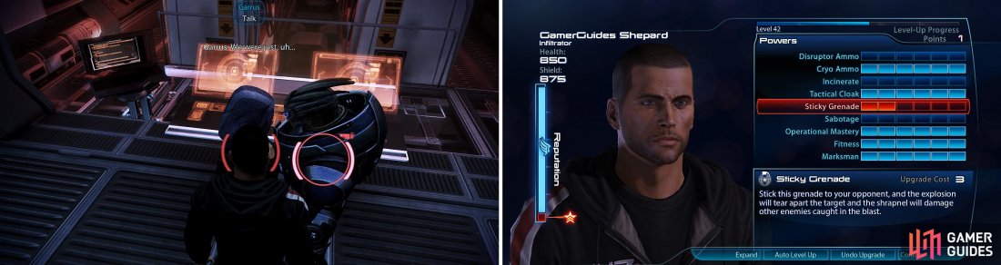 Wrap up conversations with your crew and chosen love interest before the final mission (left). Spec skills strong against the Reapers (right) before you go.