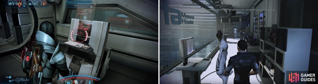 Collect the amp interface (left) and give it to the Asari in the hospital. While there you can finish another mission (right) by speaking to the scientist if you collected the Advanced Biotic Implants.