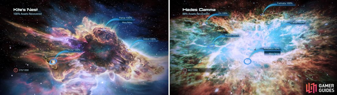 The Kites Nest is a large area, holding a plethora of things to uncover (left). The beautiful Hades Gamma is home to some new War Assets and quite a few Credits (right).