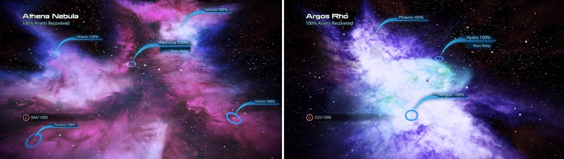 This huge galaxy will take some time to fully explore but its worth it for the huge amount of assets and fuel (left). Another colourful galaxy, scour it for artifacts and assets, notably the Kakliosaur Fossil (right).