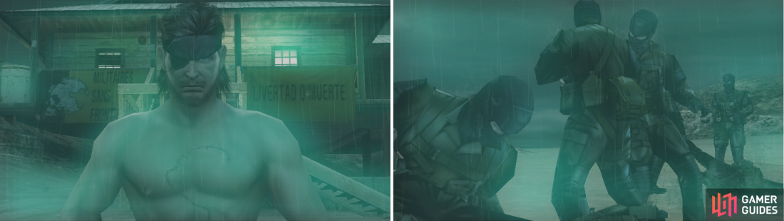 We got Big Boss (Naked Snake) on the left side with his snake-like scar left by The Boss and his patch on the right eye and his army (Militaires Sans Frontières) training on the right.