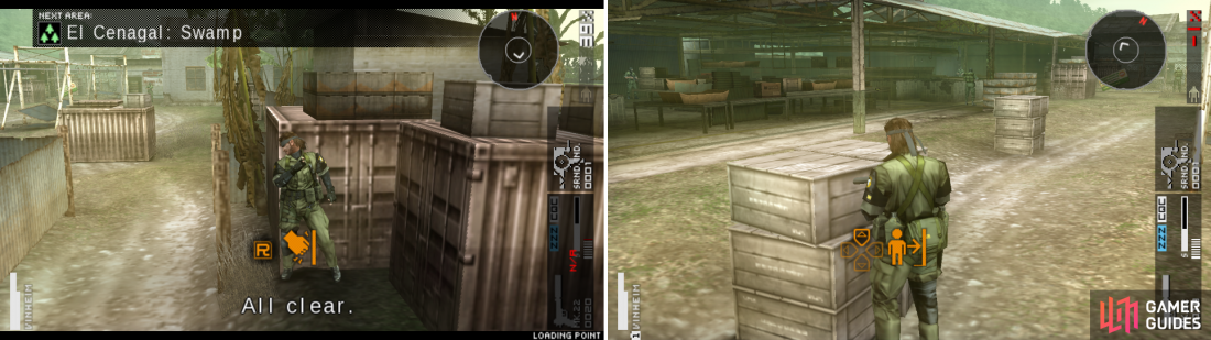 If the soldiers get suspicious you can run to the entrance to hide (left picture). Crates mentioned in the paragraph above (right picture).