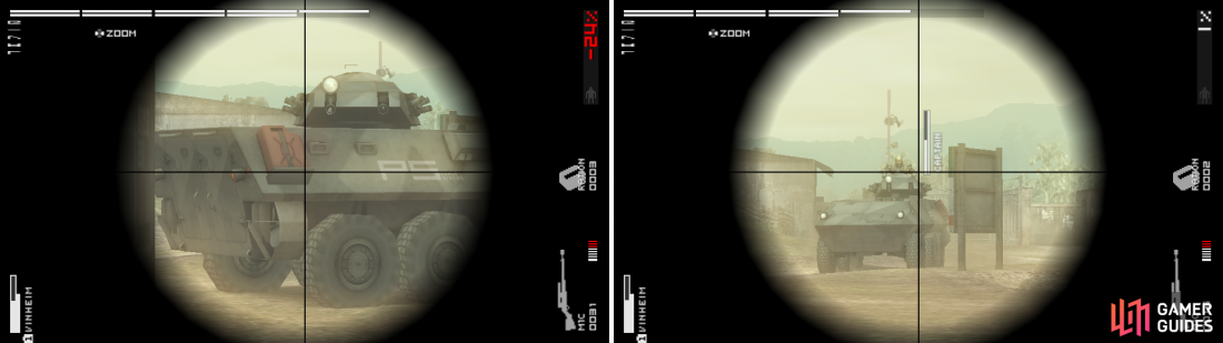 If you decide to go for the tank, the fuel containers are its weakness (left picture). The commander comes out of the vehicle waiting for you to headshoot him (right picture).