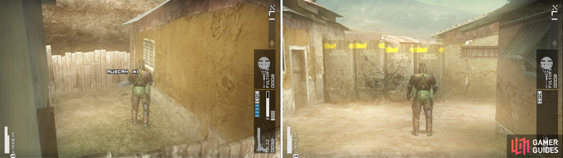 The Desert Auscam camos location (left picture). Time to C4 the wall to rubble (right picture).