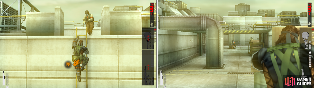 You can CQC the enemies from the ladder (left picture). Be careful of the sniper on the east side (right picture).