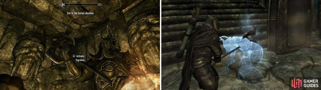Wuuthrad has been placed back in the hands of Ysgramor [left]. You are set upon my the Ghosts of former companions [right] as you venture through the tomb.