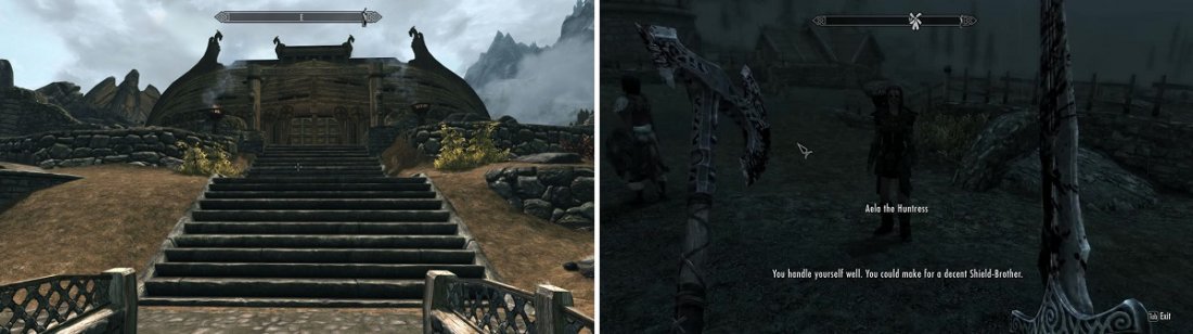 Find Jorrvaskar [Left] and talk to someone inside, or have a random encounter with a group of Companions out in the wilderness [Right].