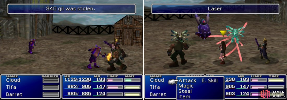 Bandits, while not dangerous, can steal valuable items from you (left). You can try out the newfound Manipulate Mtaeria to learn the Laser Enemy Skill (right).