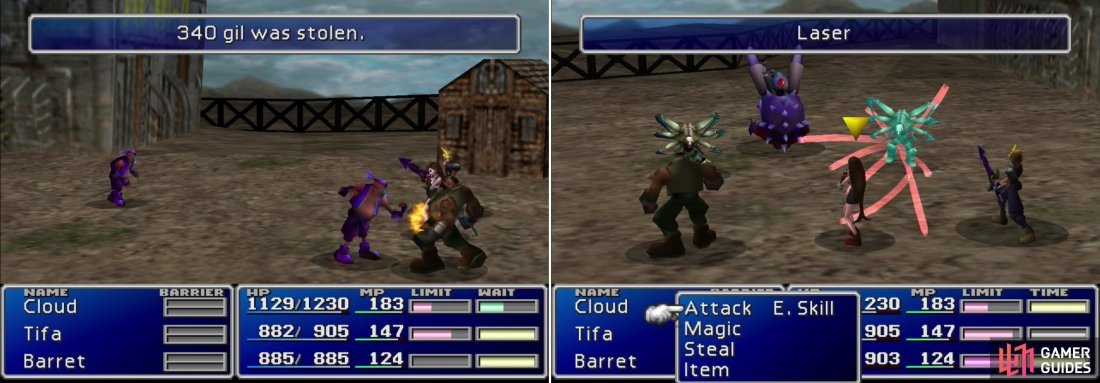 Bandits, while not dangerous, can steal valuable items from you (left). You can try out the newfound Manipulate Mtaeria to learn the Laser Enemy Skill (right).