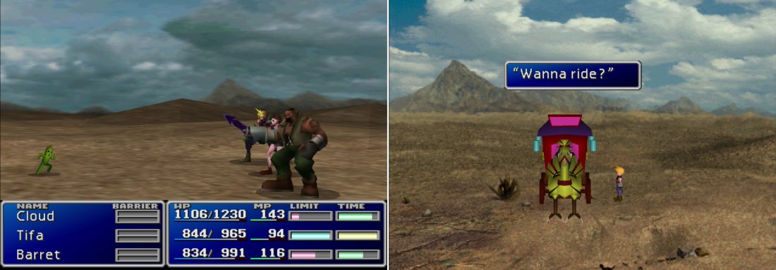 If you brave the deserts and are fortunate enough to encounter a Cactuar, killing one will earn you 10,000 Gil (left). If you get lost in the desert, keep exploring until you find the mysterious Chocobo carriage (right). Itll take you back to Corel Prison.
