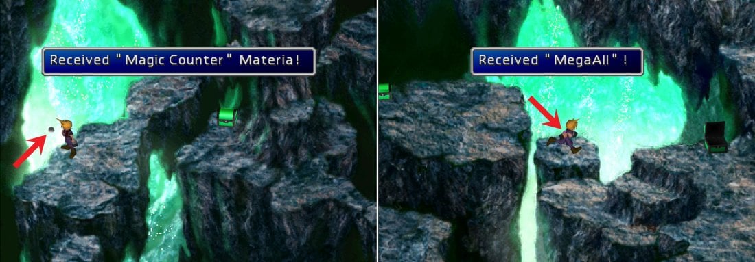 Grab the Magic Counter Materia humbly floating around in plain sight (left) then, while jumping between ledges, time pressing [Circle] (PS) or [OK] (PC) to obtain the MegaAll Materia (right).