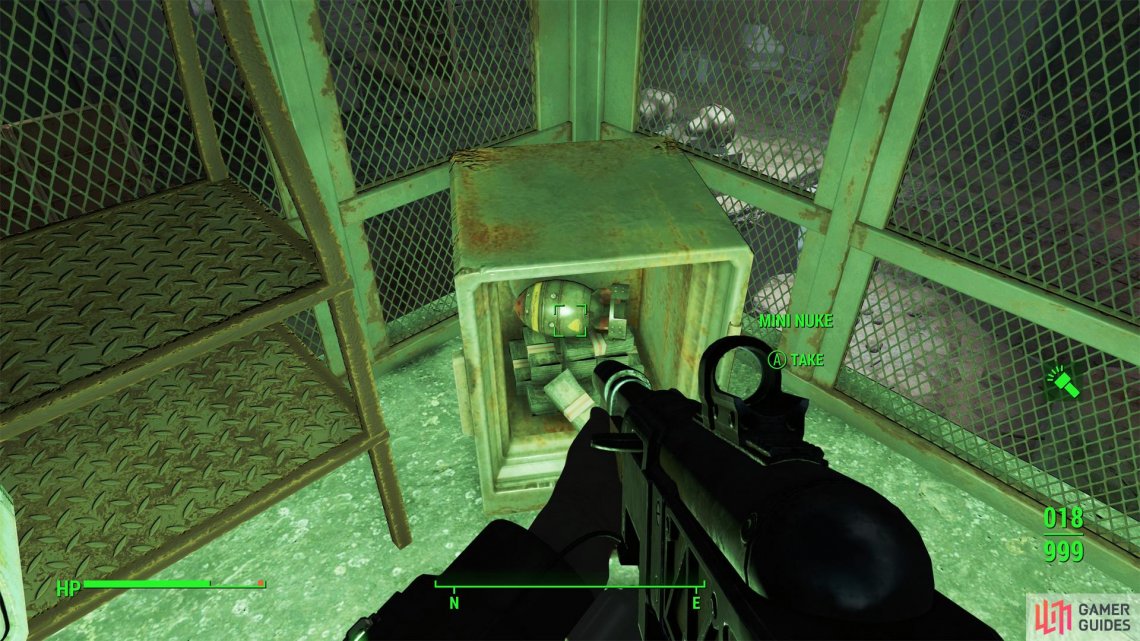 Pick a lock to get through a caged-off area, where youll find a Mini Nuke in a safe,