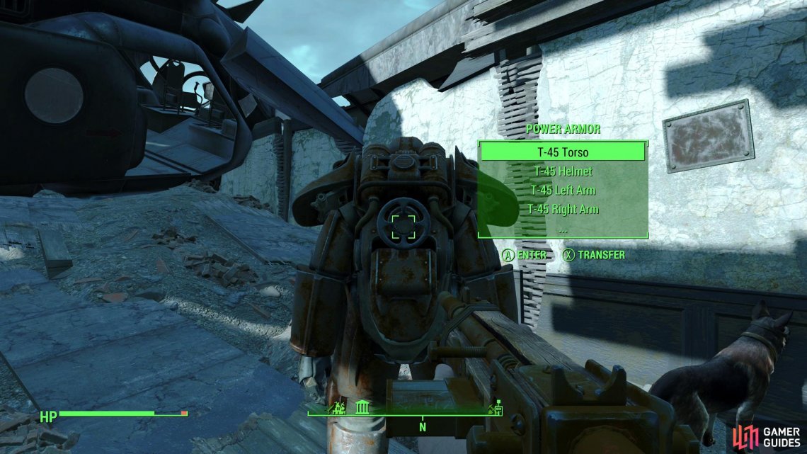 Enter the abandoned T-45 Power Armor on the roof,