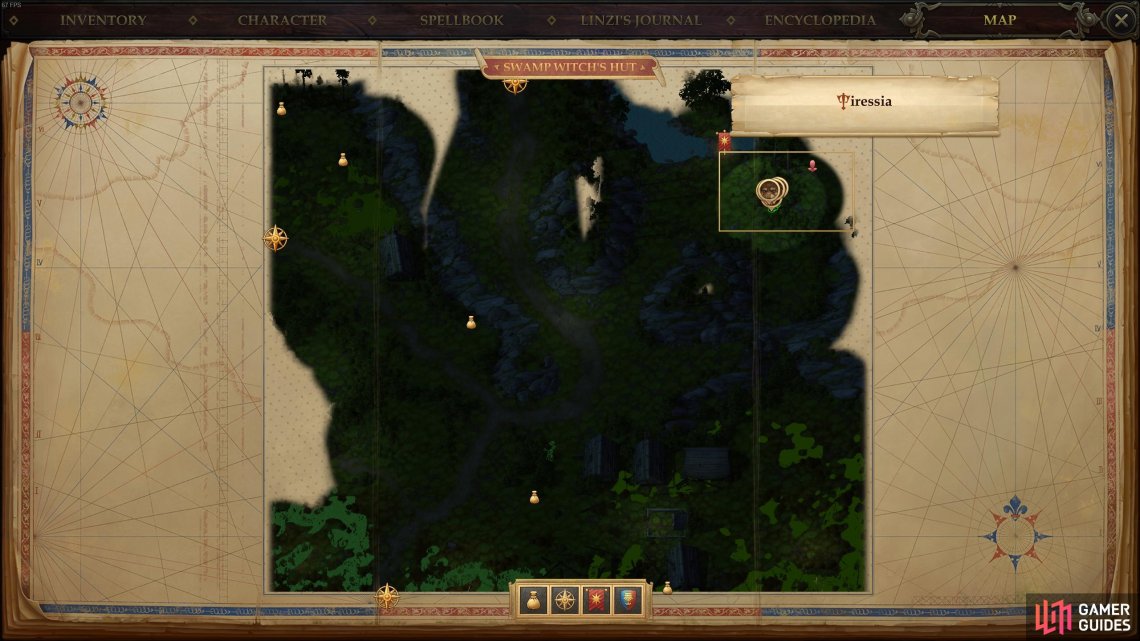 The location of the bushes in Swamp Witchs Hut, where youll find the [Athletics] check.