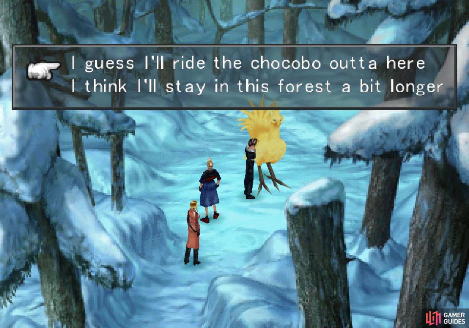 Return to the Bika Snowfield Chocobo Forest and mount a chocobo