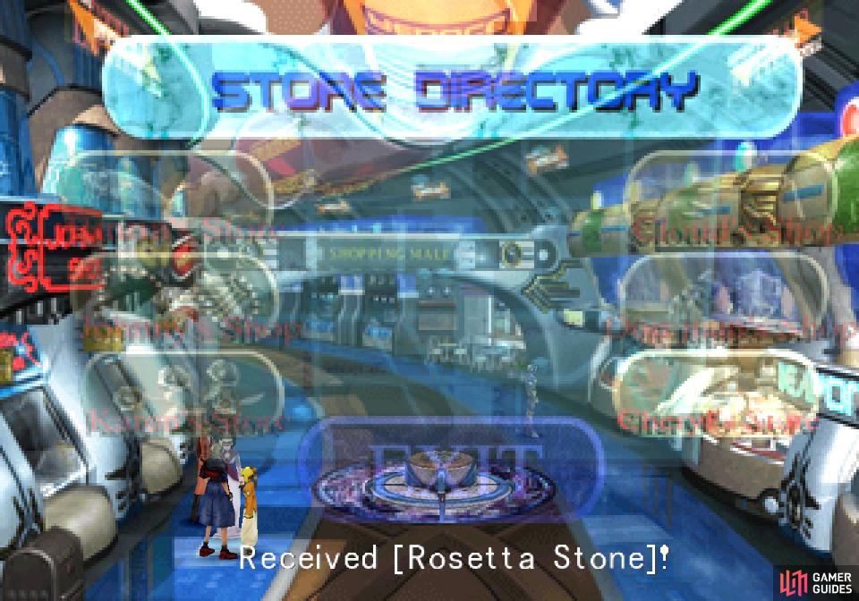Visit the shops in Esthar repeatedly to obtain gifts, including a Rosetta Stone.