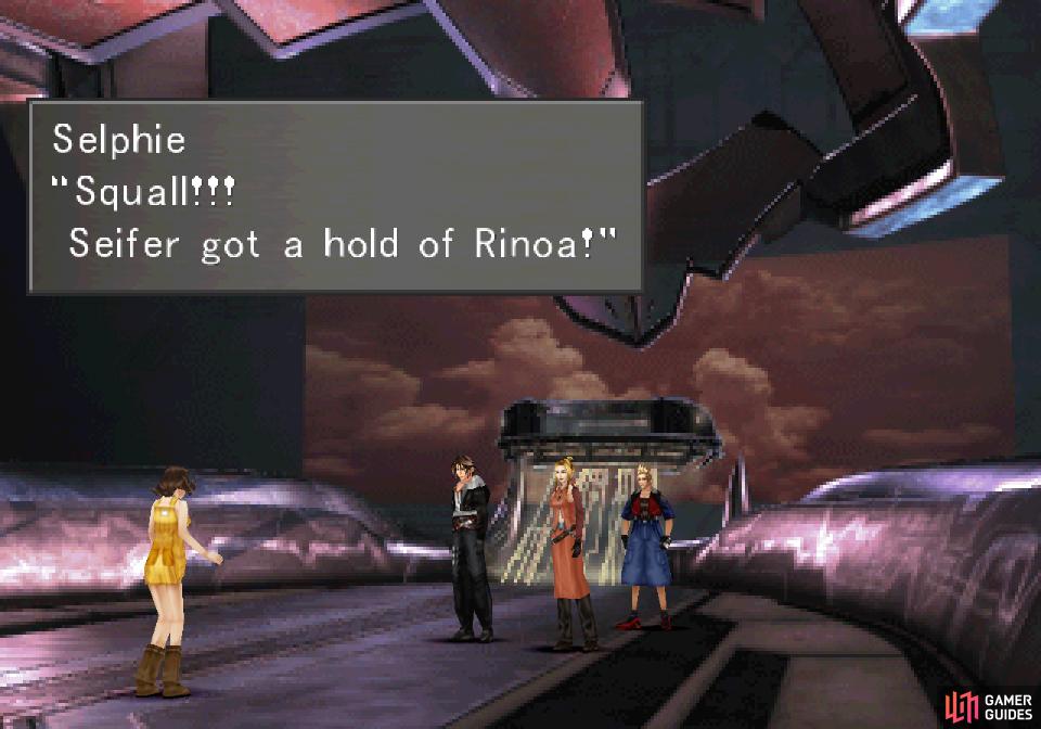 After the fight with Seifer, you’ll be informed that Rinoa’s doing what she does best - needing rescued