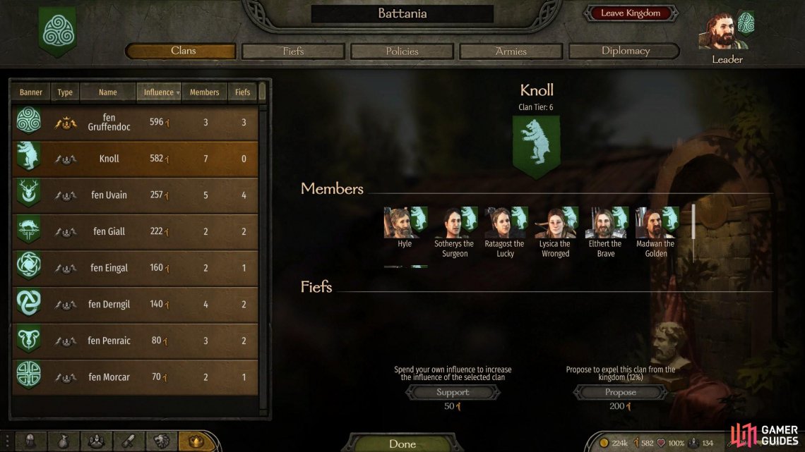 Use the Clans tab in the Kingdom menu to compare your influence with other clans within the kingdom.