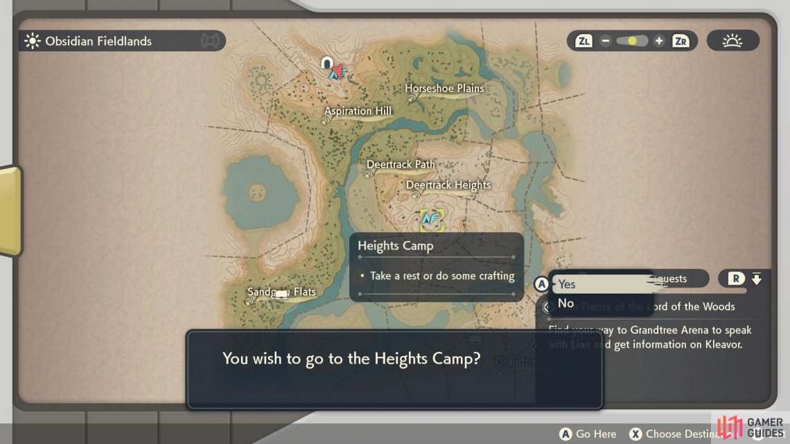 To save time, fast-travel to the Heights Camp.