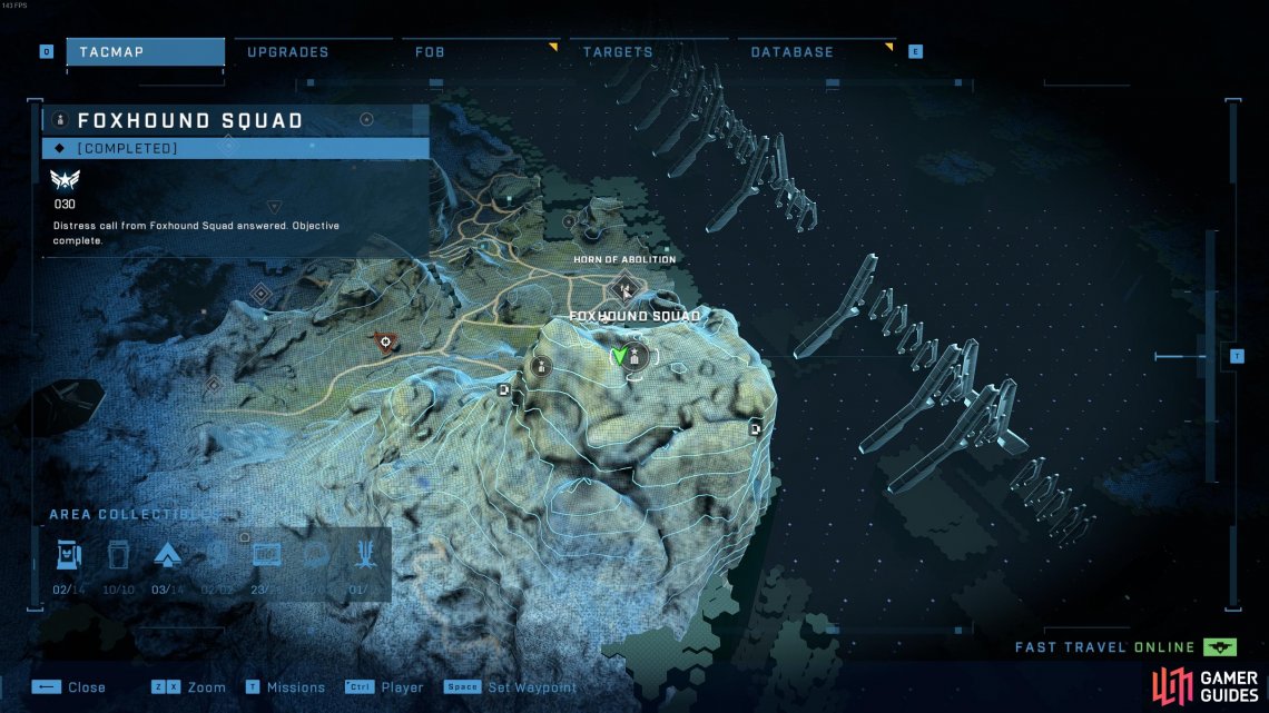 The location of the Choke Hold Spartan audio log, south of the Horn of Abolition outpost.