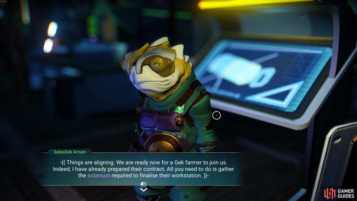 Speak with the Overseer to get the prompt to collect Solanium after constructing the Science and Weapons terminals.