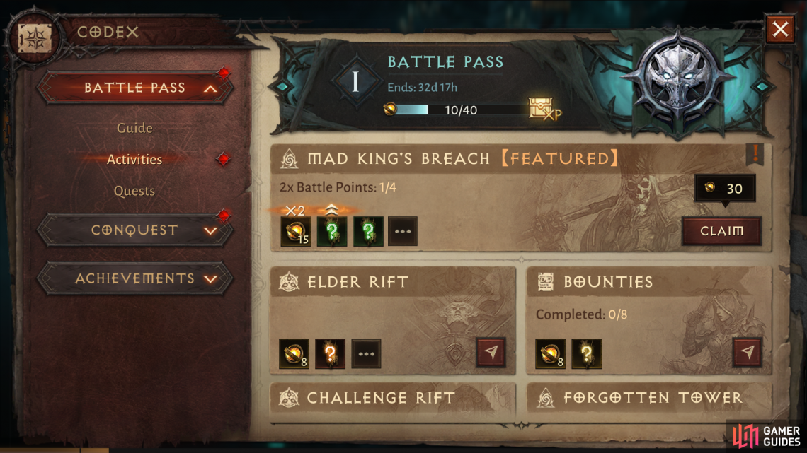 The Battle Pass consists of three categories, including Activities, which rewards you for just about anything you do - clearing Dungeons, Rifts, filling out Bestiary pages, etc.,